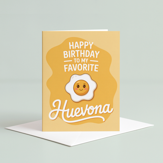 Birthday card with a smiley egg and text on a beige background