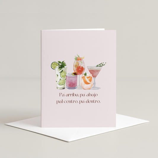 Greeting card with cocktail illustrations and text on a light gray background